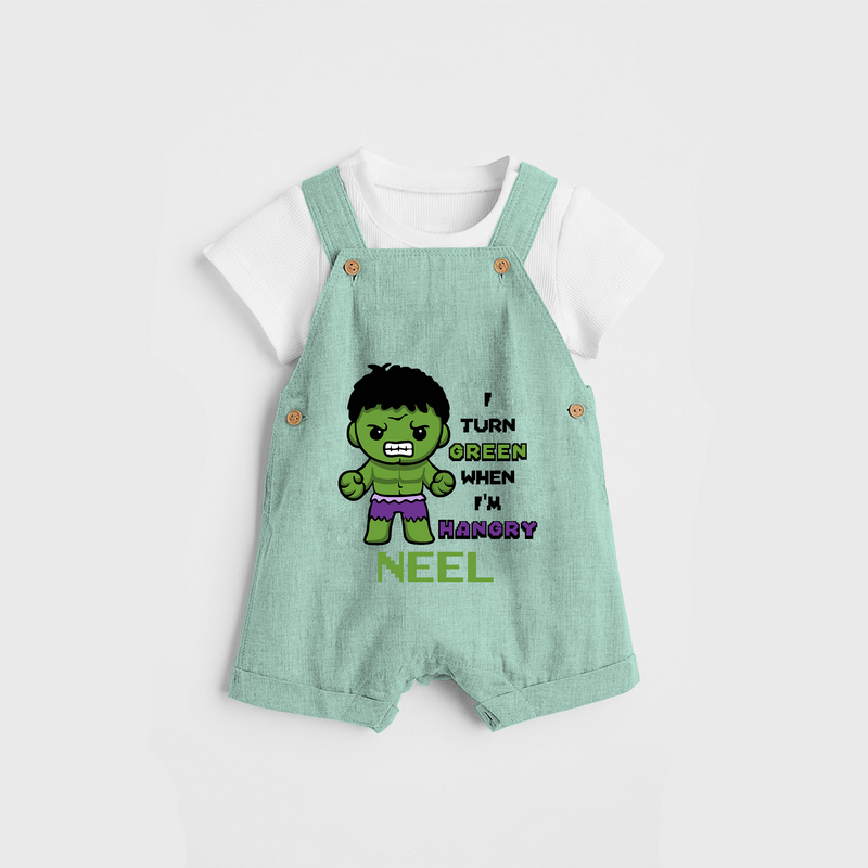 Celebrate The Super Kids Theme With "I Turn Green When I'm Hangry" Personalized Dungaree set for your Baby - LIGHT GREEN - 0 - 5 Months Old (Chest 17")