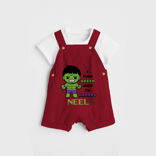 Celebrate The Super Kids Theme With "I Turn Green When I'm Hangry" Personalized Dungaree set for your Baby - RED - 0 - 5 Months Old (Chest 17")