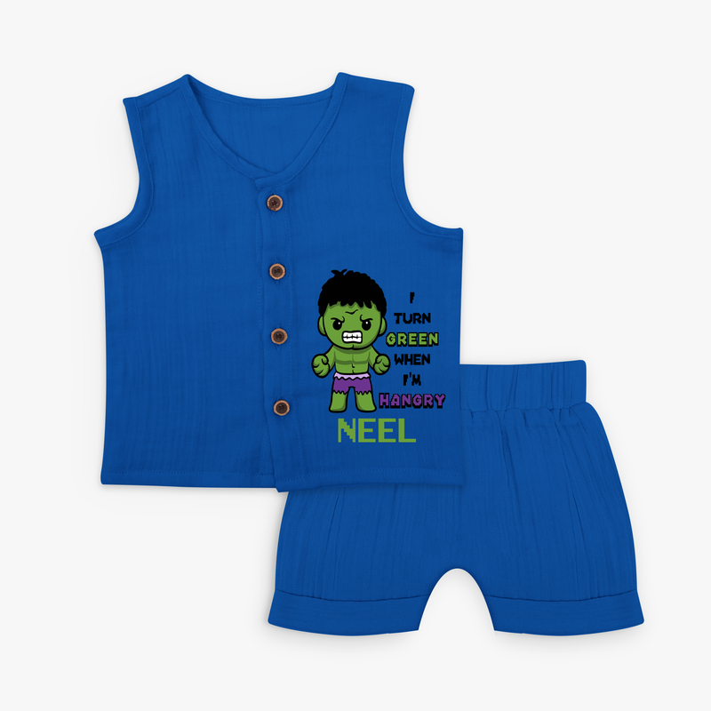 Celebrate The Super Kids Theme With "I Turn Green When I'm Hangry" Personalized Jabla set for your Baby - MIDNIGHT BLUE - 0 - 3 Months Old (Chest 9.8")