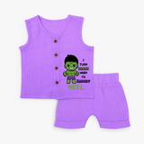 Celebrate The Super Kids Theme With "I Turn Green When I'm Hangry" Personalized Jabla set for your Baby - PURPLE - 0 - 3 Months Old (Chest 9.8")