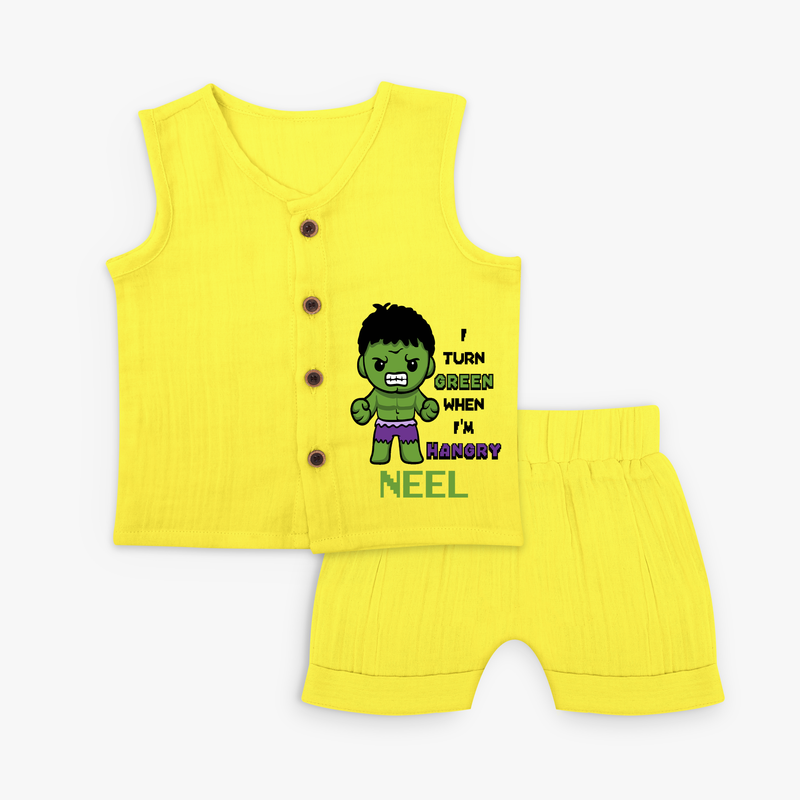 Celebrate The Super Kids Theme With "I Turn Green When I'm Hangry" Personalized Jabla set for your Baby - YELLOW - 0 - 3 Months Old (Chest 9.8")