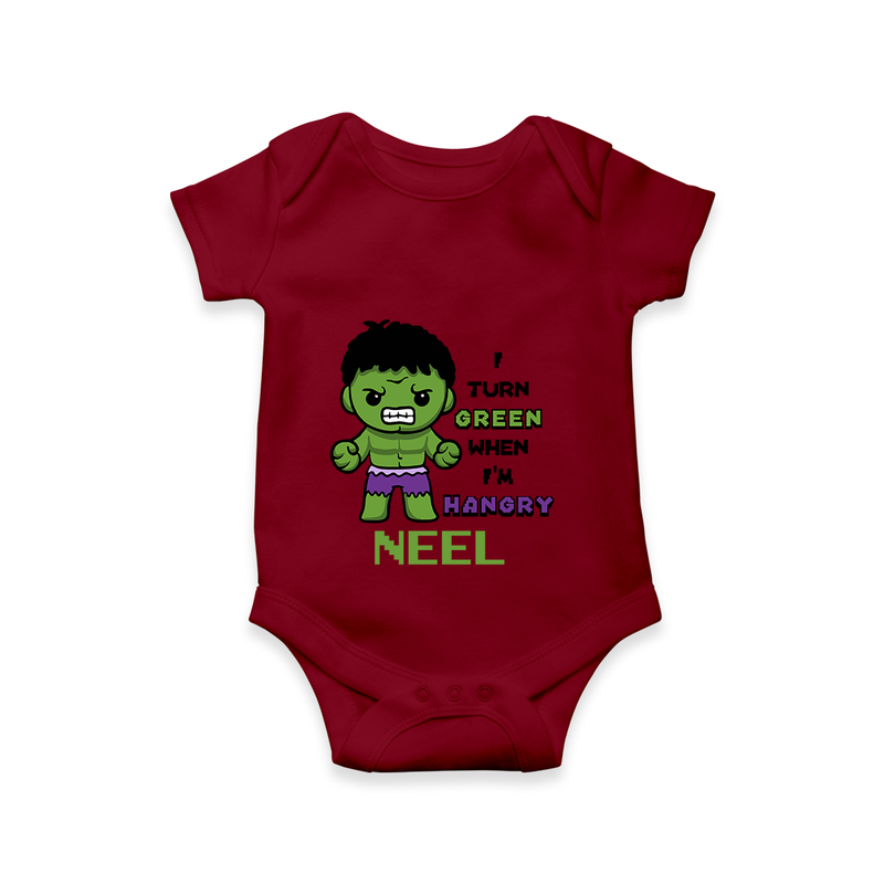 Celebrate The Super Kids Theme With "I Turn Green When I'm Hangry" Personalized Romper For your Baby - MAROON - 0 - 3 Months Old (Chest 16")