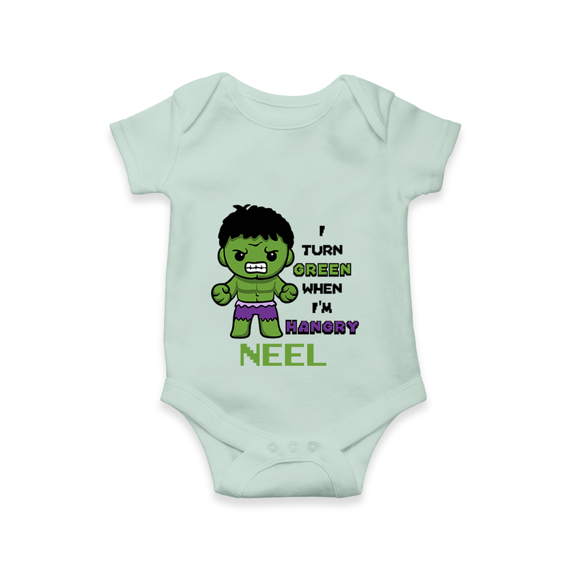 Celebrate The Super Kids Theme With "I Turn Green When I'm Hangry" Personalized Romper For your Baby - MINT GREEN - 0 - 3 Months Old (Chest 16")