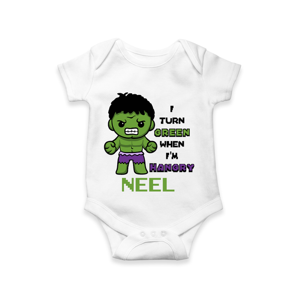 Celebrate The Super Kids Theme With "I Turn Green When I'm Hangry" Personalized Romper For your Baby - WHITE - 0 - 3 Months Old (Chest 16")