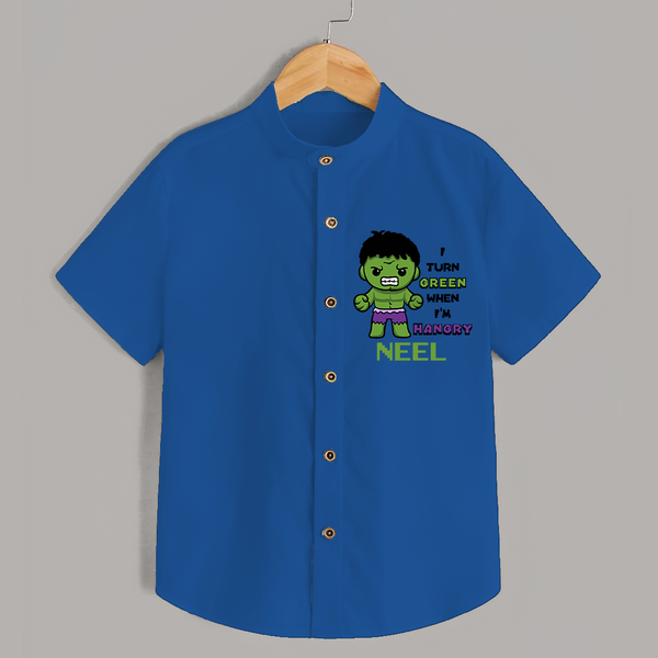 Celebrate The Super Kids Theme With "I Turn Green When I'm Hangry" Personalized Kids Shirts - COBALT BLUE - 0 - 6 Months Old (Chest 21")