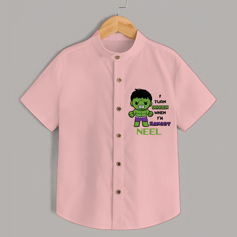 Celebrate The Super Kids Theme With "I Turn Green When I'm Hangry" Personalized Kids Shirts - PEACH - 0 - 6 Months Old (Chest 21")