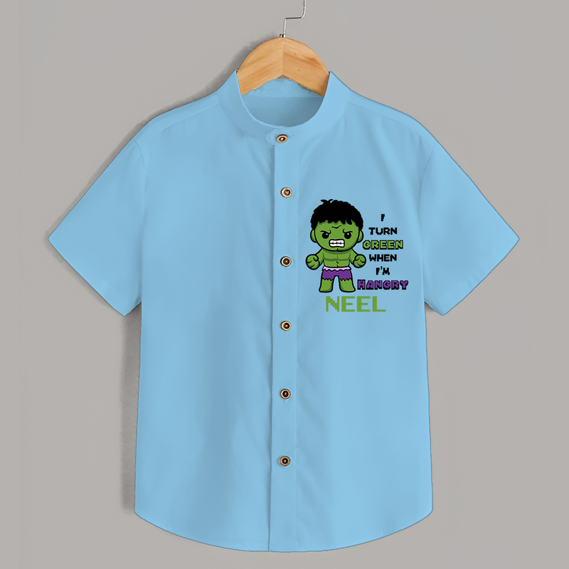 Celebrate The Super Kids Theme With "I Turn Green When I'm Hangry" Personalized Kids Shirts - SKY BLUE - 0 - 6 Months Old (Chest 21")