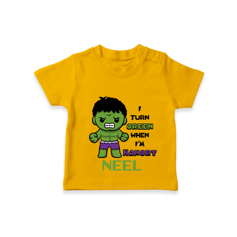 Celebrate The Super Kids Theme With "I Turn Green When I'm Hangry" Personalized Kids T-shirt - CHROME YELLOW - 0 - 5 Months Old (Chest 17")