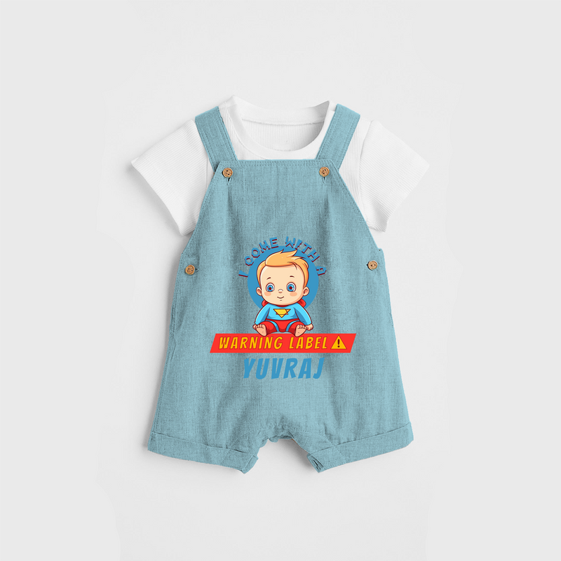 Celebrate The Super Kids Theme With "I Come with a Warning Label" Personalized Dungaree set for your Baby - ARCTIC BLUE - 0 - 5 Months Old (Chest 17")