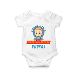 Celebrate The Super Kids Theme With "I Come with a Warning Label" Personalized Romper For your Baby - WHITE - 0 - 3 Months Old (Chest 16")