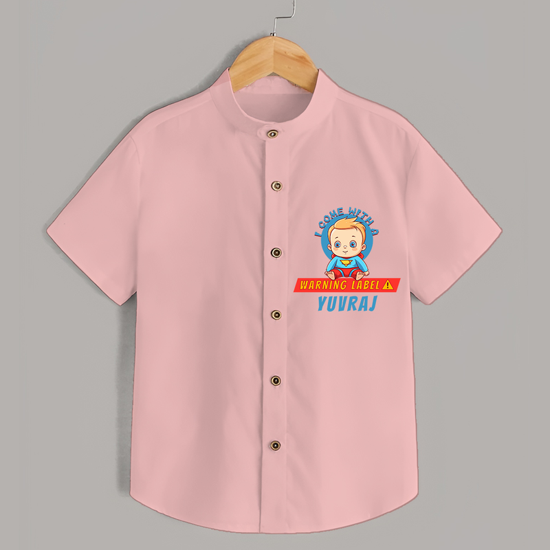 Celebrate The Super Kids Theme With "I Come with a Warning Label" Personalized Kids Shirts - PEACH - 0 - 6 Months Old (Chest 21")