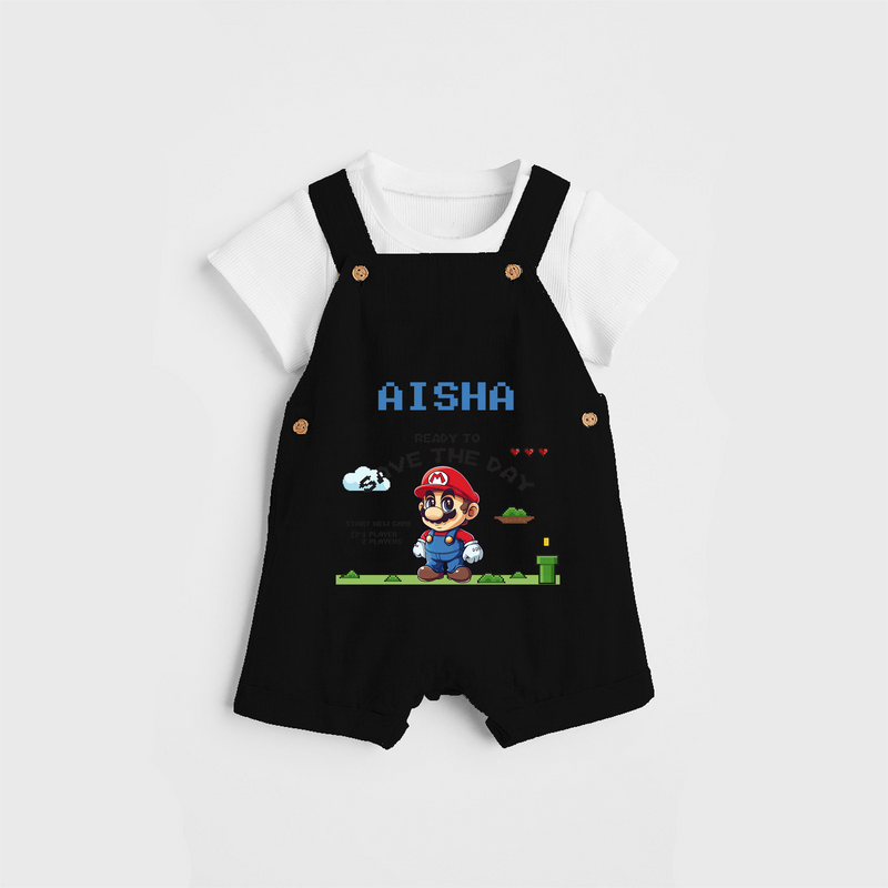 Celebrate The Super Kids Theme With "Ready to Save the Day" Personalized Dungaree set for your Baby - BLACK - 0 - 5 Months Old (Chest 17")