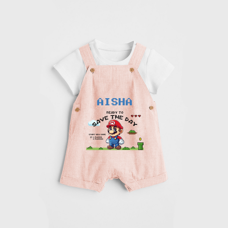 Celebrate The Super Kids Theme With "Ready to Save the Day" Personalized Dungaree set for your Baby - PEACH - 0 - 5 Months Old (Chest 17")