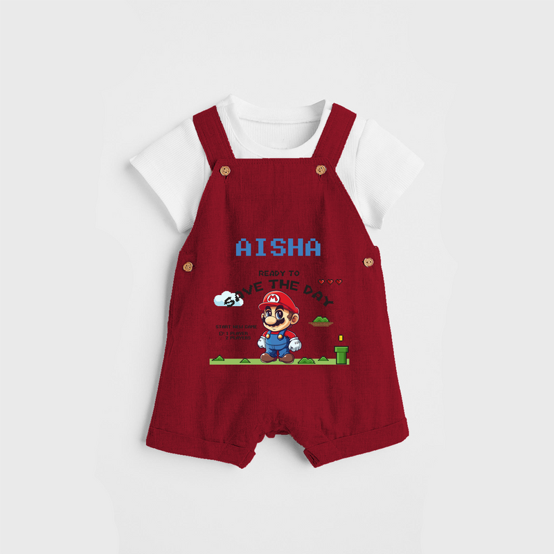 Celebrate The Super Kids Theme With "Ready to Save the Day" Personalized Dungaree set for your Baby - RED - 0 - 5 Months Old (Chest 17")