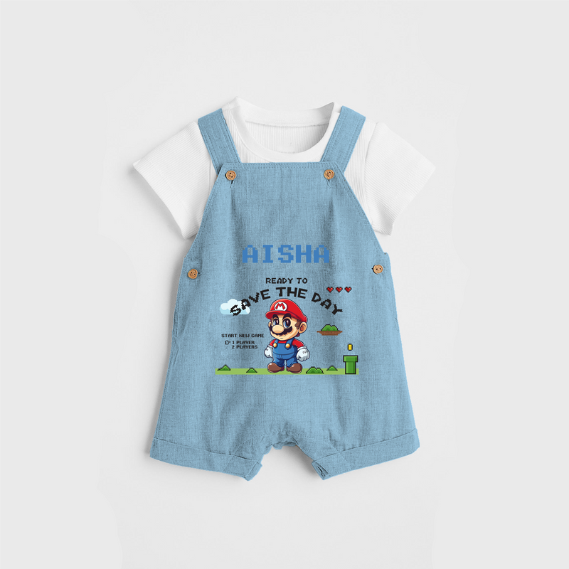 Celebrate The Super Kids Theme With "Ready to Save the Day" Personalized Dungaree set for your Baby - SKY BLUE - 0 - 5 Months Old (Chest 17")