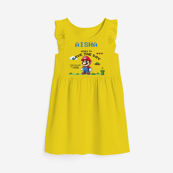 Celebrate The Super Kids Theme With "Ready to Save the Day" Personalized Frock for your Baby - YELLOW - 0 - 6 Months Old (Chest 18")