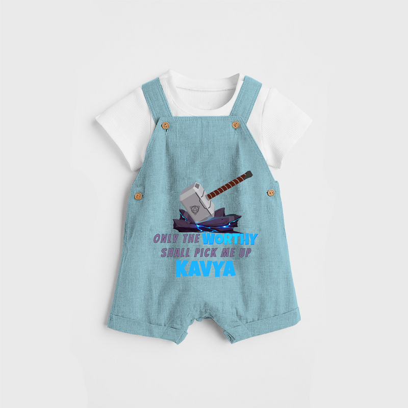 Celebrate The Super Kids Theme With "Only the Worthy Shall Pick Me Up" Personalized Dungaree set for your Baby - ARCTIC BLUE - 0 - 5 Months Old (Chest 17")