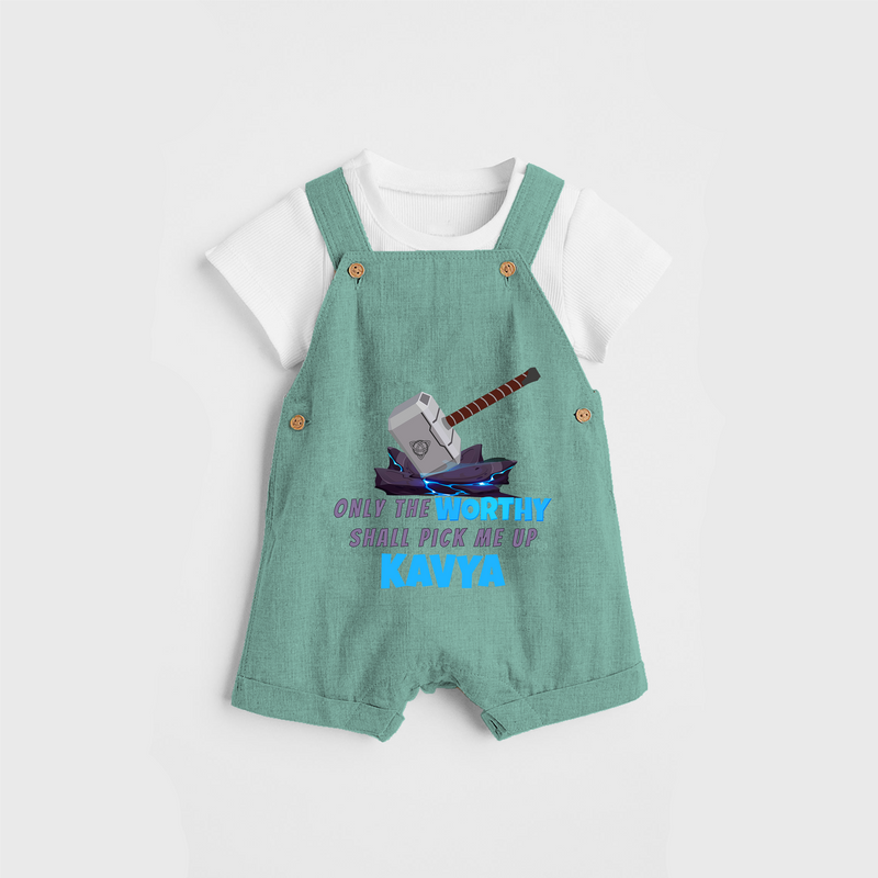 Celebrate The Super Kids Theme With "Only the Worthy Shall Pick Me Up" Personalized Dungaree set for your Baby - LIGHT GREEN - 0 - 5 Months Old (Chest 17")