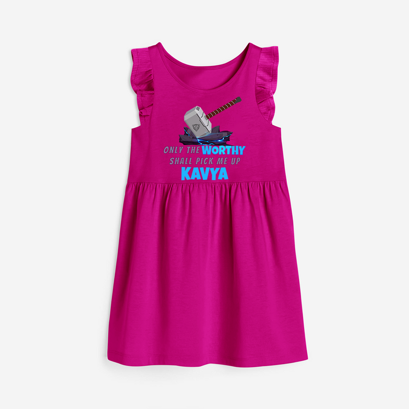 Celebrate The Super Kids Theme With "Only the Worthy Shall Pick Me Up" Personalized Frock for your Baby - HOT PINK - 0 - 6 Months Old (Chest 18")