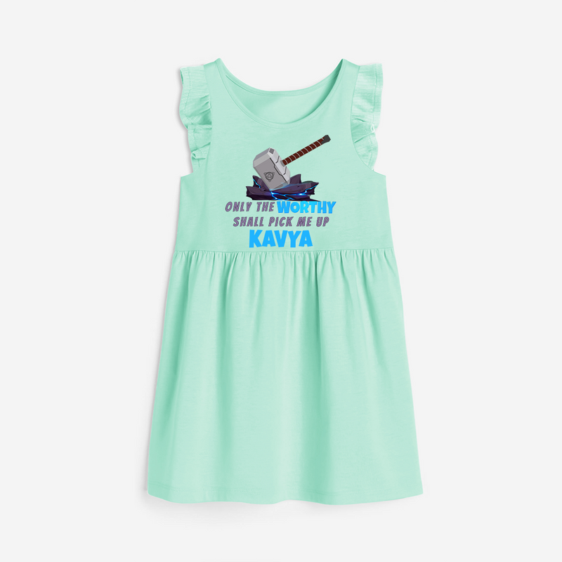 Celebrate The Super Kids Theme With "Only the Worthy Shall Pick Me Up" Personalized Frock for your Baby - TEAL GREEN - 0 - 6 Months Old (Chest 18")