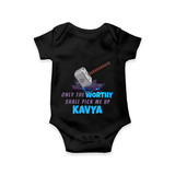 Celebrate The Super Kids Theme With "Only the Worthy Shall Pick Me Up" Personalized Romper For your Baby - BLACK - 0 - 3 Months Old (Chest 16")