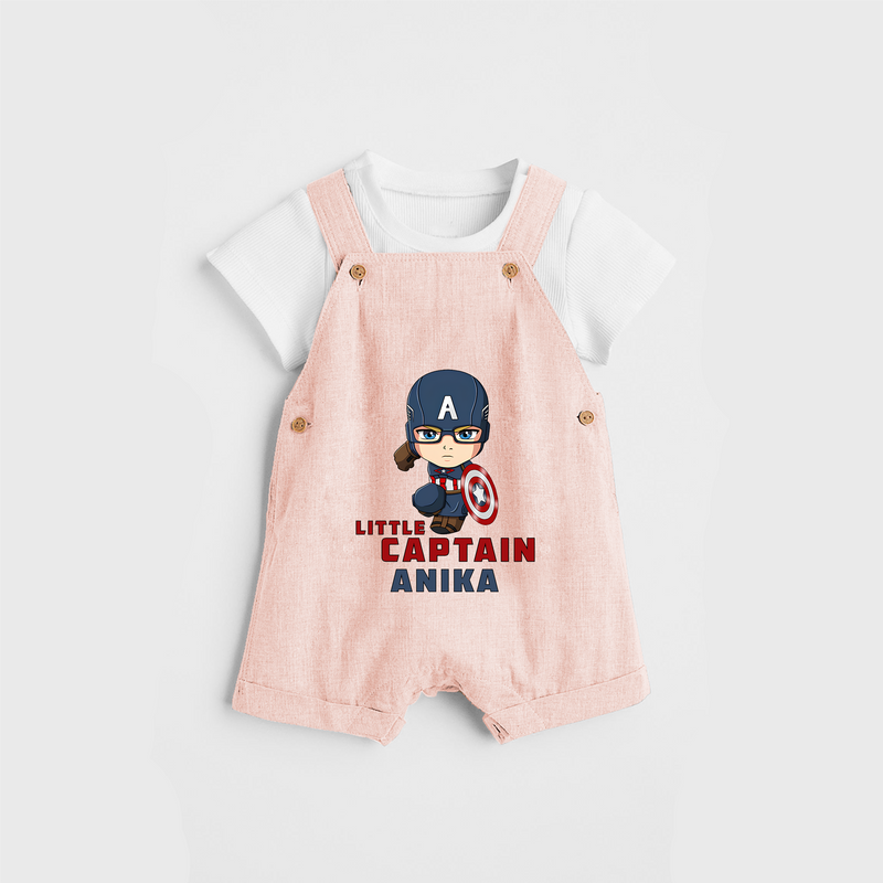 Celebrate The Super Kids Theme With "Little Captain" Personalized Dungaree set for your Baby - PEACH - 0 - 5 Months Old (Chest 17")