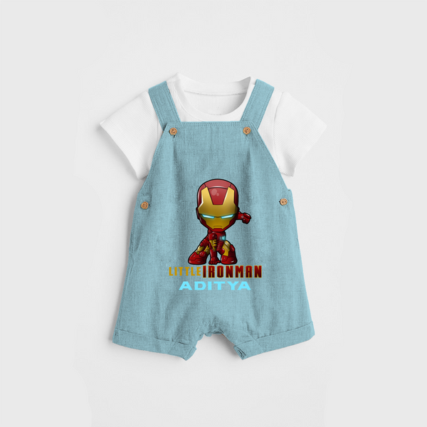 Celebrate The Super Kids Theme With "Little Ironman" Personalized Dungaree set for your Baby - ARCTIC BLUE - 0 - 5 Months Old (Chest 17")