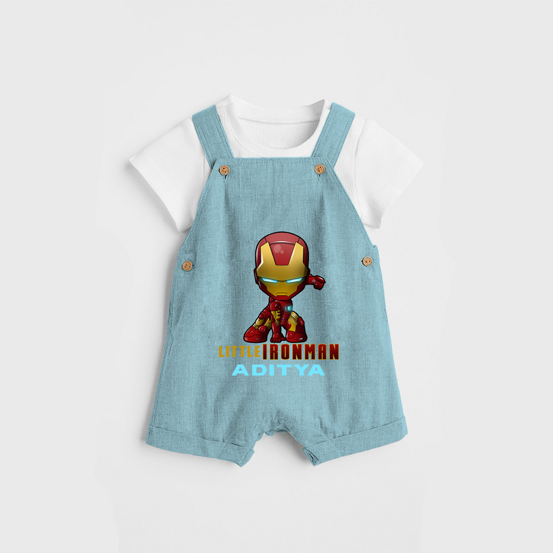 Celebrate The Super Kids Theme With "Little Ironman" Personalized Dungaree set for your Baby - ARCTIC BLUE - 0 - 5 Months Old (Chest 17")