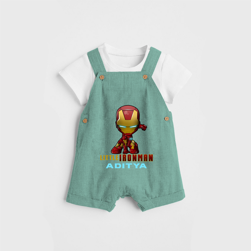 Celebrate The Super Kids Theme With "Little Ironman" Personalized Dungaree set for your Baby - LIGHT GREEN - 0 - 5 Months Old (Chest 17")