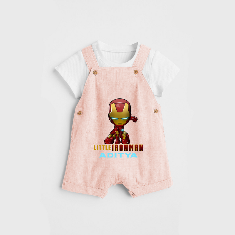 Celebrate The Super Kids Theme With "Little Ironman" Personalized Dungaree set for your Baby - PEACH - 0 - 5 Months Old (Chest 17")