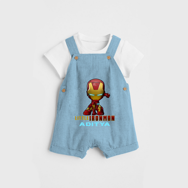 Celebrate The Super Kids Theme With "Little Ironman" Personalized Dungaree set for your Baby - SKY BLUE - 0 - 5 Months Old (Chest 17")