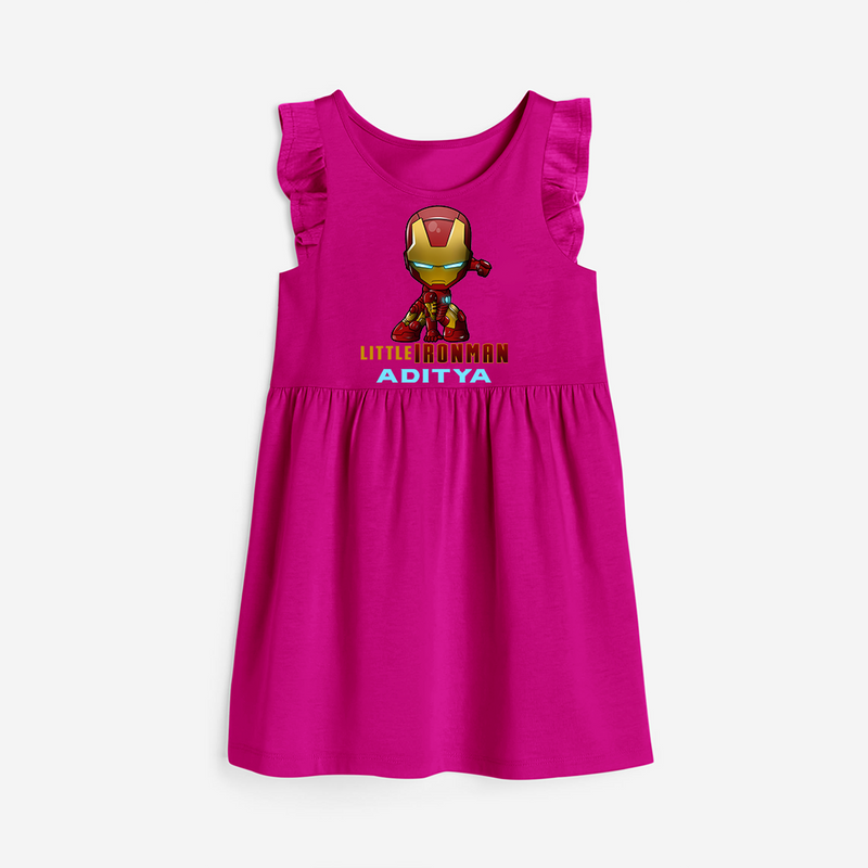 Celebrate The Super Kids Theme With "Little Ironman" Personalized Frock for your Baby - HOT PINK - 0 - 6 Months Old (Chest 18")