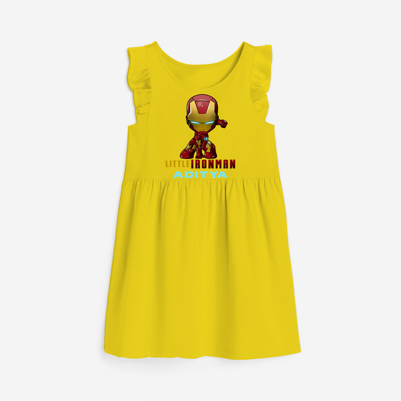 Celebrate The Super Kids Theme With "Little Ironman" Personalized Frock for your Baby - YELLOW - 0 - 6 Months Old (Chest 18")