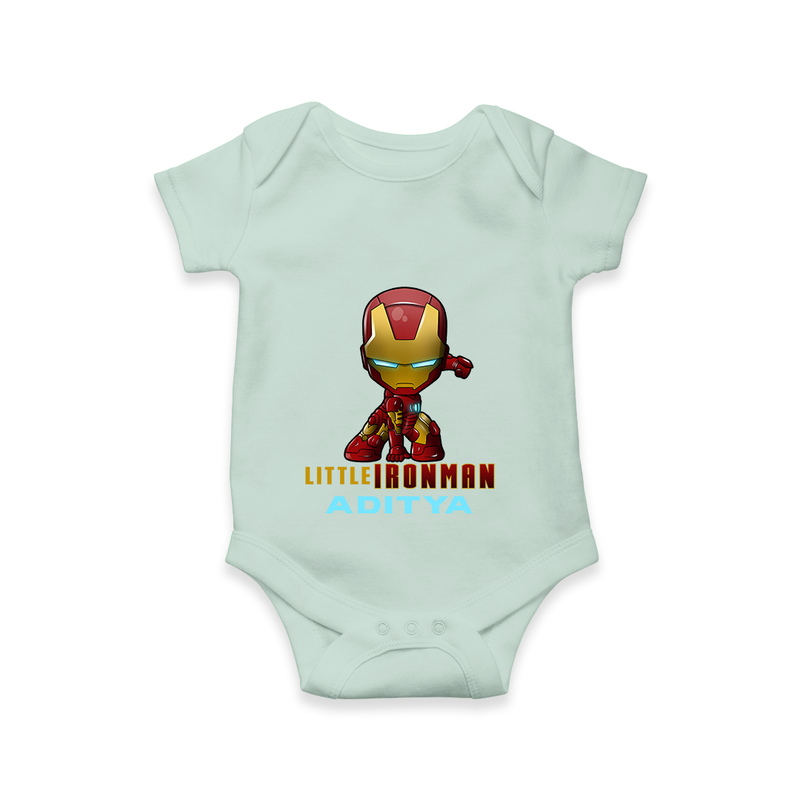 Celebrate The Super Kids Theme With "Little Ironman" Personalized Romper For your Baby - MINT GREEN - 0 - 3 Months Old (Chest 16")