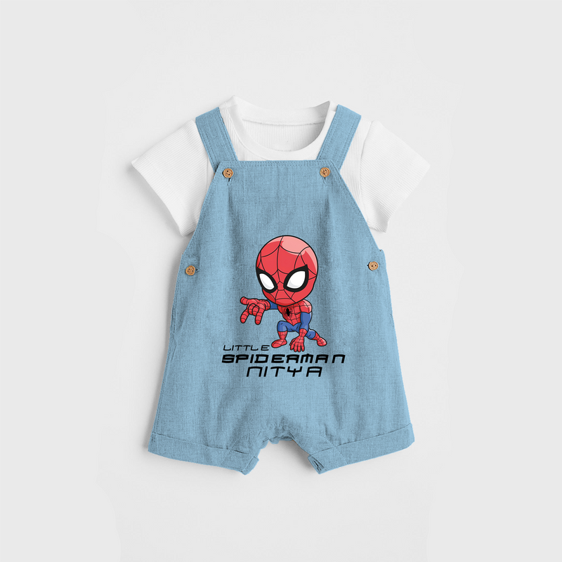 Celebrate The Super Kids Theme With "Little Spiderman" Personalized Dungaree set for your Baby - SKY BLUE - 0 - 5 Months Old (Chest 17")