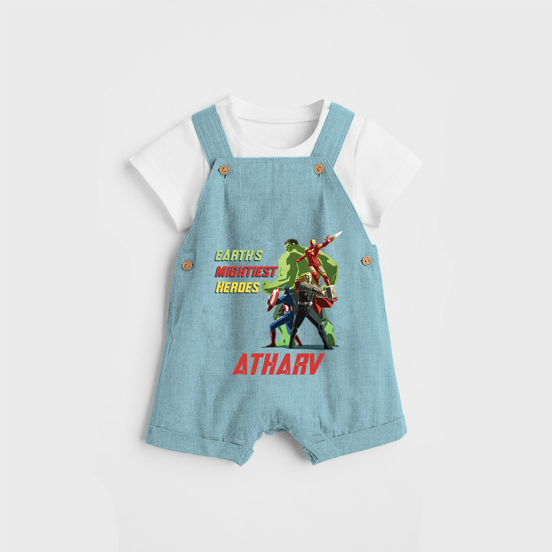 Celebrate The Super Kids Theme With "Earths Mightiest Heroes" Personalized Dungaree set for your Baby - ARCTIC BLUE - 0 - 5 Months Old (Chest 17")