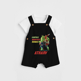 Celebrate The Super Kids Theme With "Earths Mightiest Heroes" Personalized Dungaree set for your Baby - BLACK - 0 - 5 Months Old (Chest 17")