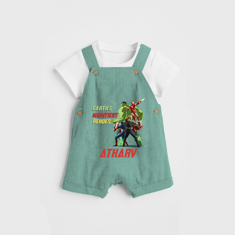 Celebrate The Super Kids Theme With "Earths Mightiest Heroes" Personalized Dungaree set for your Baby - LIGHT GREEN - 0 - 5 Months Old (Chest 17")