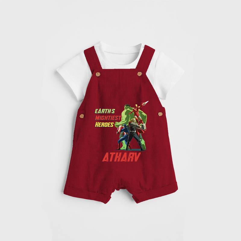 Celebrate The Super Kids Theme With "Earths Mightiest Heroes" Personalized Dungaree set for your Baby - RED - 0 - 5 Months Old (Chest 17")