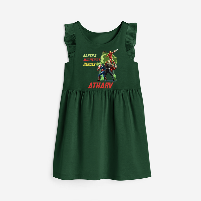 Celebrate The Super Kids Theme With "Earths Mightiest Heroes" Personalized Frock for your Baby - BOTTLE GREEN - 0 - 6 Months Old (Chest 18")