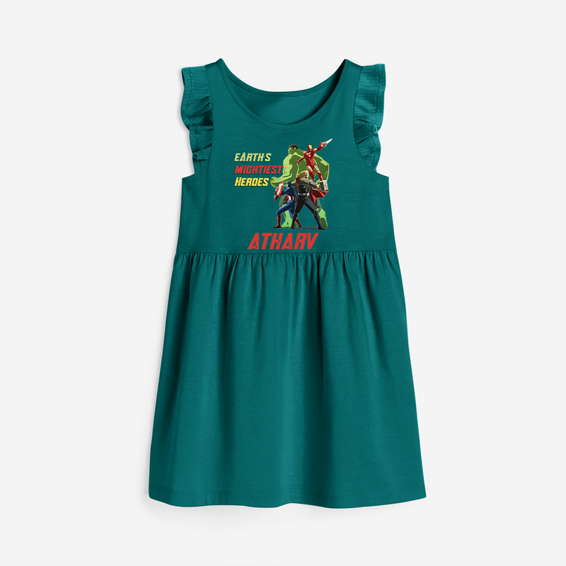 Celebrate The Super Kids Theme With "Earths Mightiest Heroes" Personalized Frock for your Baby - MYRTLE GREEN - 0 - 6 Months Old (Chest 18")