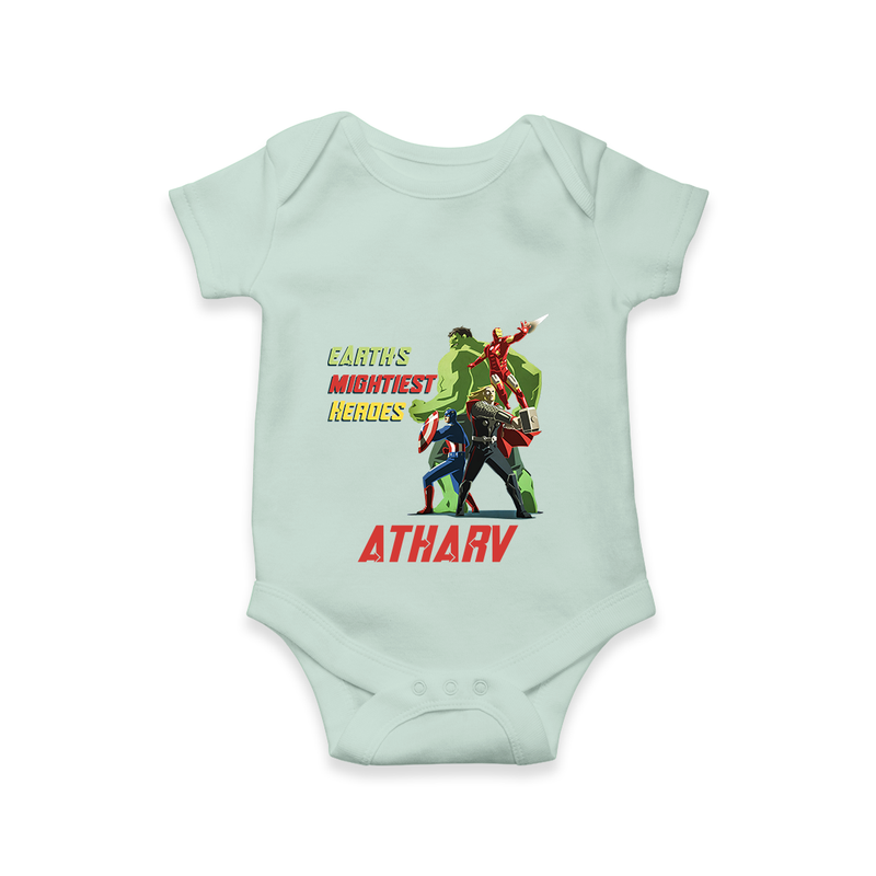 Celebrate The Super Kids Theme With "Earths Mightiest Heroes" Personalized Romper For your Baby - MINT GREEN - 0 - 3 Months Old (Chest 16")