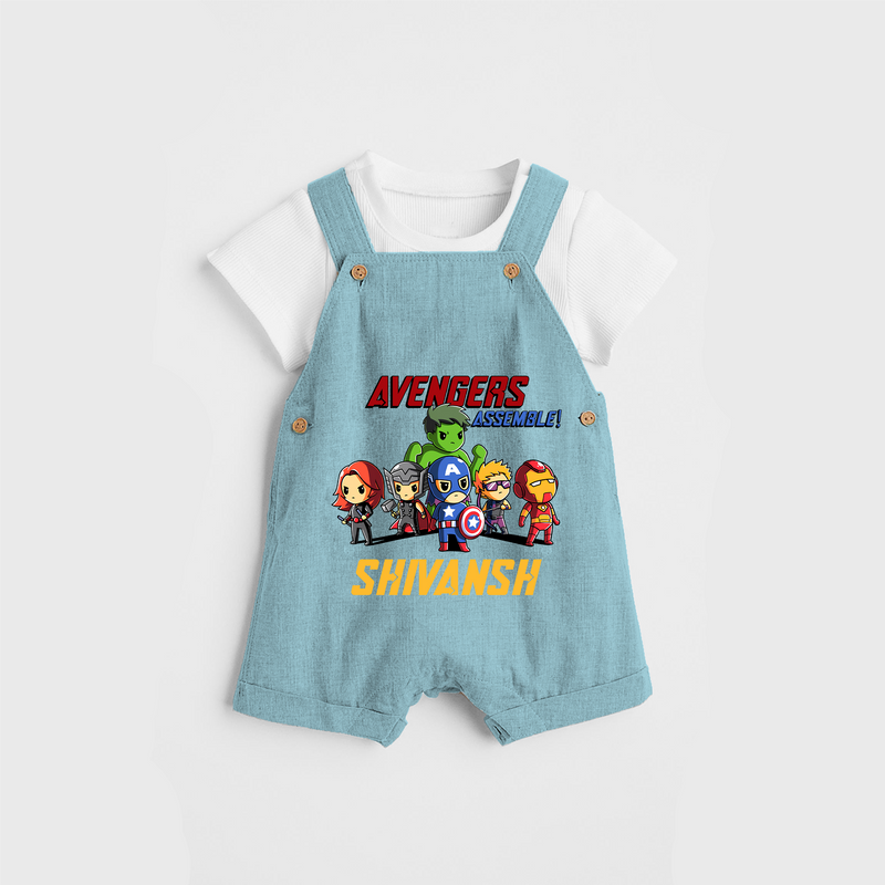 Celebrate The Super Kids Theme With "Avengers Assemble" Personalized Dungaree set for your Baby - ARCTIC BLUE - 0 - 5 Months Old (Chest 17")