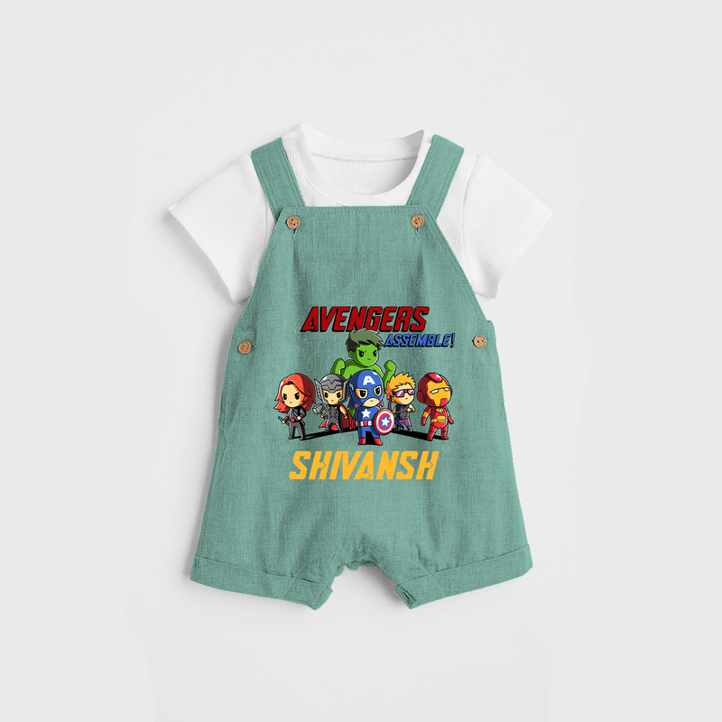 Celebrate The Super Kids Theme With "Avengers Assemble" Personalized Dungaree set for your Baby - LIGHT GREEN - 0 - 5 Months Old (Chest 17")