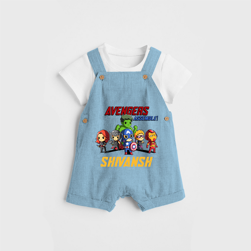 Celebrate The Super Kids Theme With "Avengers Assemble" Personalized Dungaree set for your Baby - SKY BLUE - 0 - 5 Months Old (Chest 17")