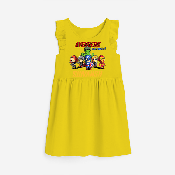 Celebrate The Super Kids Theme With "Avengers Assemble" Personalized Frock for your Baby - YELLOW - 0 - 6 Months Old (Chest 18")