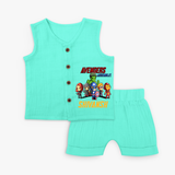Celebrate The Super Kids Theme With "Avengers Assemble" Personalized Jabla set for your Baby - AQUA GREEN - 0 - 3 Months Old (Chest 9.8")
