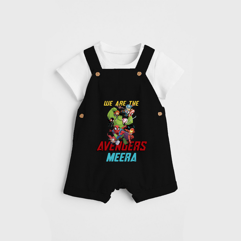 Celebrate The Super Kids Theme With "We are the AVENGERS" Personalized Dungaree set for your Baby - BLACK - 0 - 5 Months Old (Chest 17")