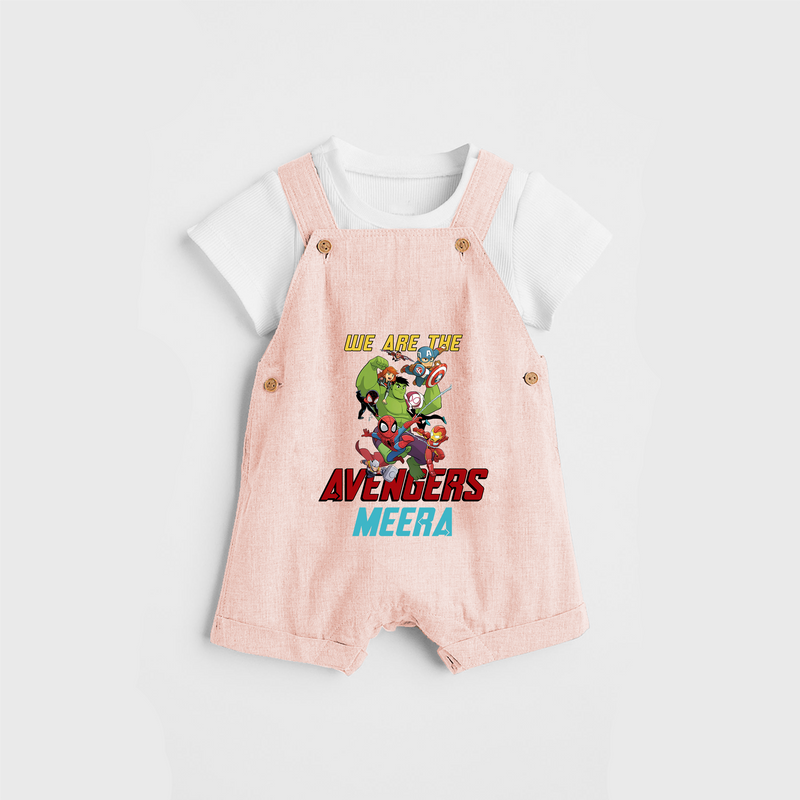 Celebrate The Super Kids Theme With "We are the AVENGERS" Personalized Dungaree set for your Baby - PEACH - 0 - 5 Months Old (Chest 17")