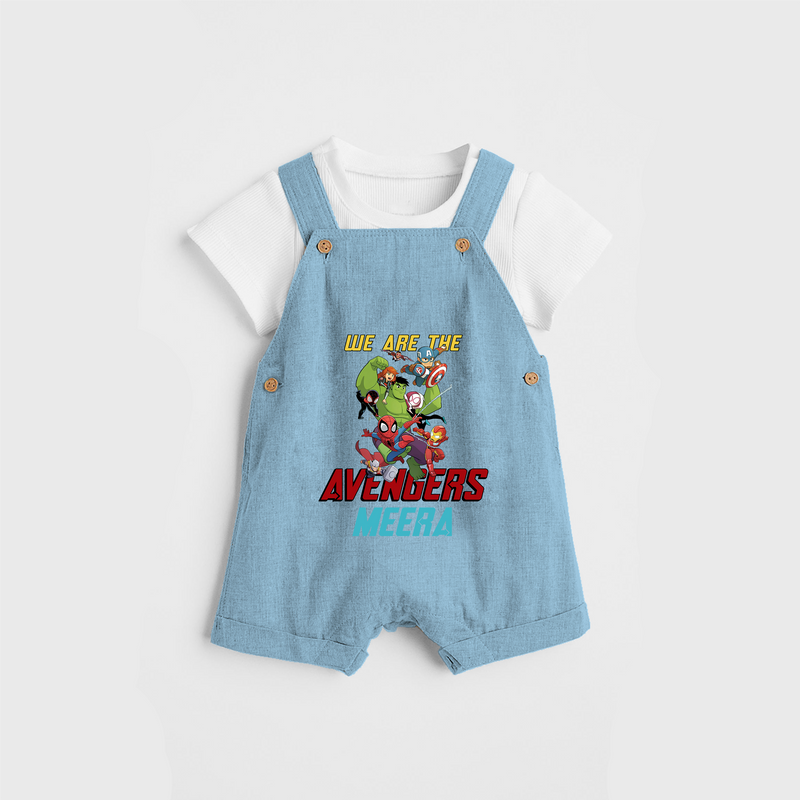 Celebrate The Super Kids Theme With "We are the AVENGERS" Personalized Dungaree set for your Baby - SKY BLUE - 0 - 5 Months Old (Chest 17")